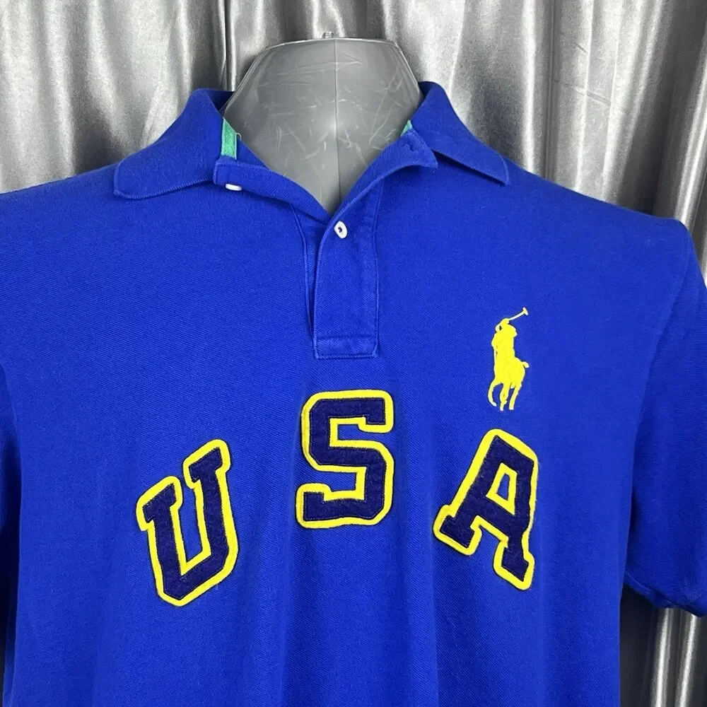 VTG Polo Ralph Lauren Men’s 2XB Blue Spellout Big Pony #3 Short‎ Sleeve 90s USA